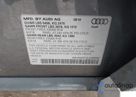 2018 Audi Q5 2.0T Premium z USA, uszkodzony, nr VIN WA1ANAFY2J2232589